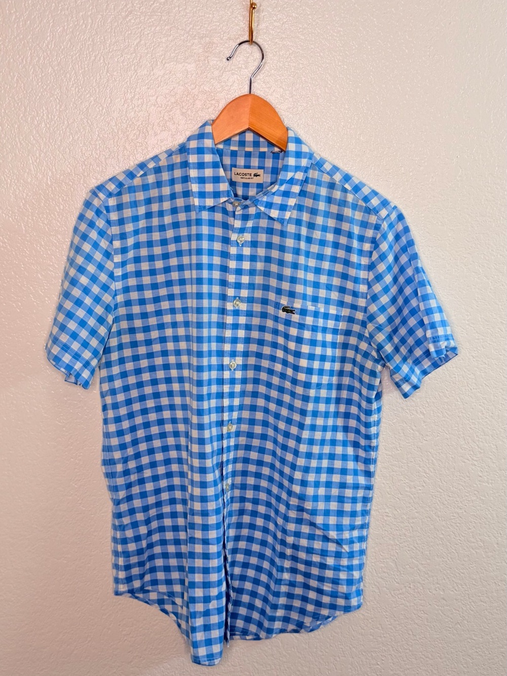 Lacoste Short-Sleeve Blue and White Gingham Button-Down Shirt